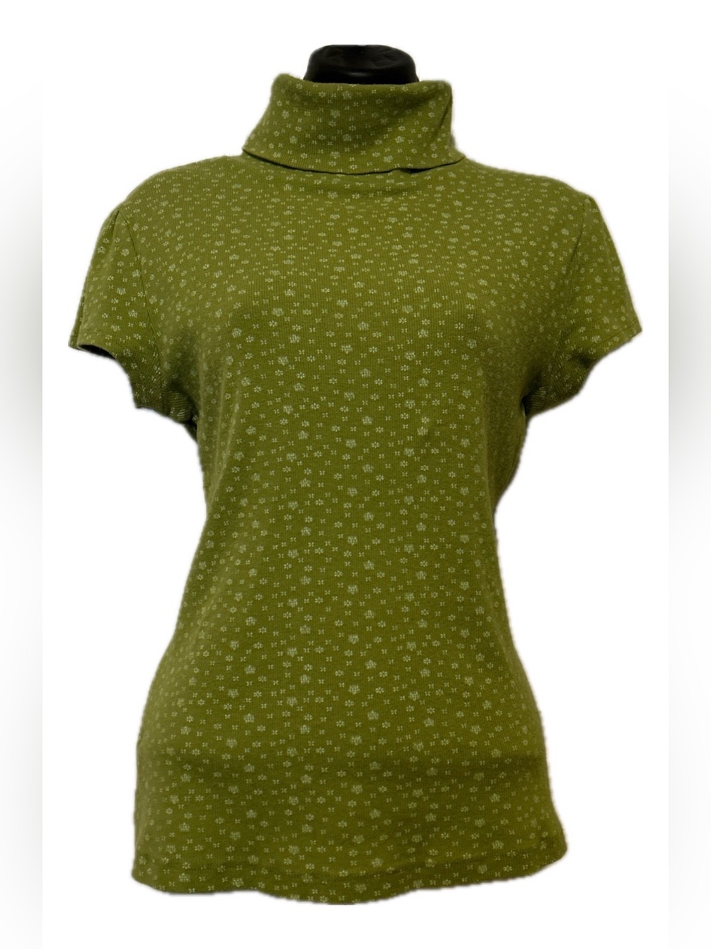 Green Short Sleeve Turtleneck Top w/ micro white floral print stretch material